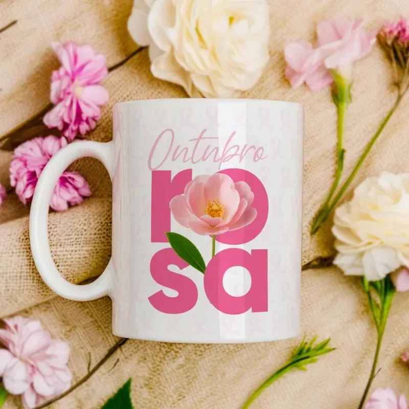 Caneca Outubro Rosa com flor